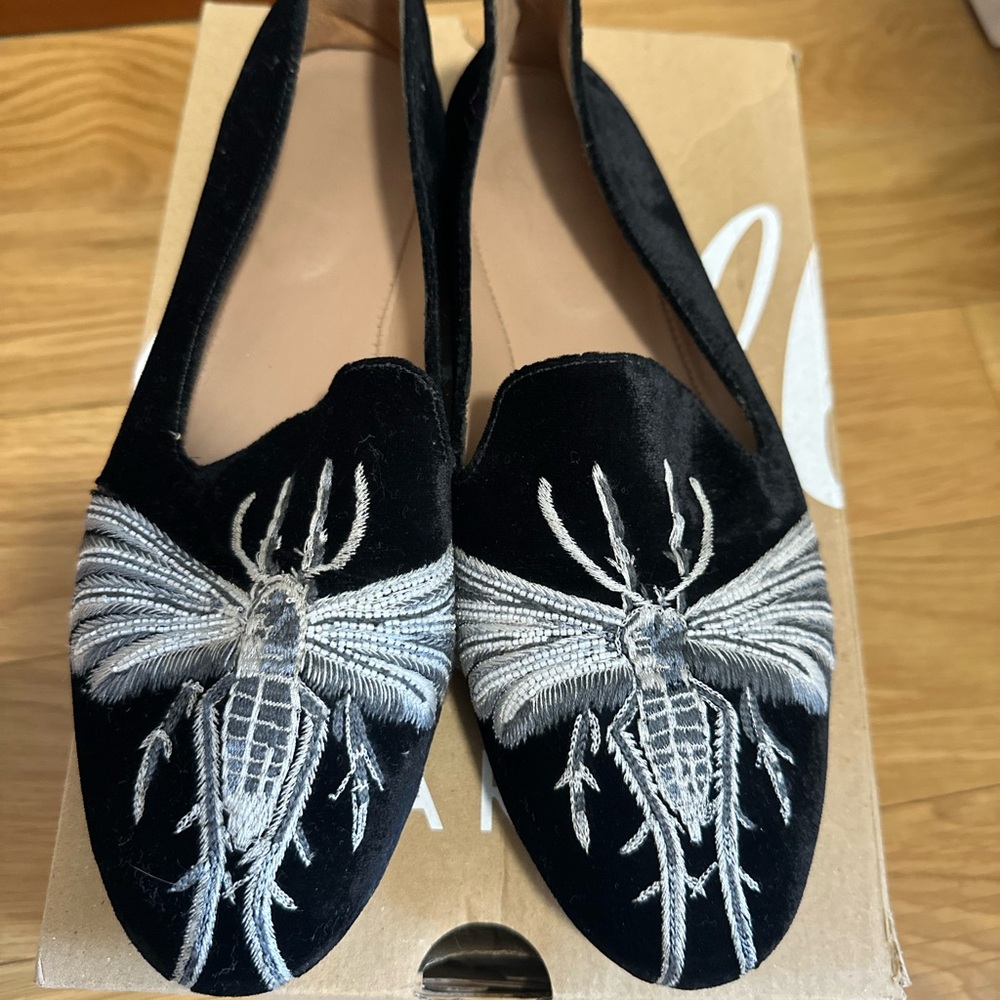 Black Flats with White Embroidery